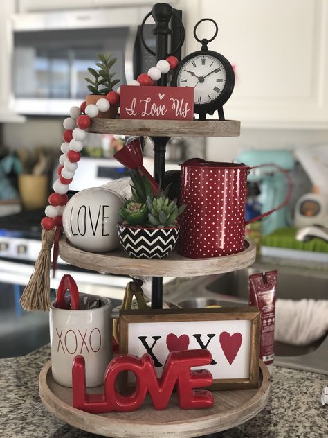 Valentine's Day Tiered Tray Decor, Valentine Three Tier Tray, Valentines 3 Tiered Tray Decor, Valentine Trays Ideas, Valentine Tiered Tray Ideas, Valentine’s Day Tiered Tray, Valentine Tray Decor, Valentines Tray Decor, Valentines Centerpiece Ideas