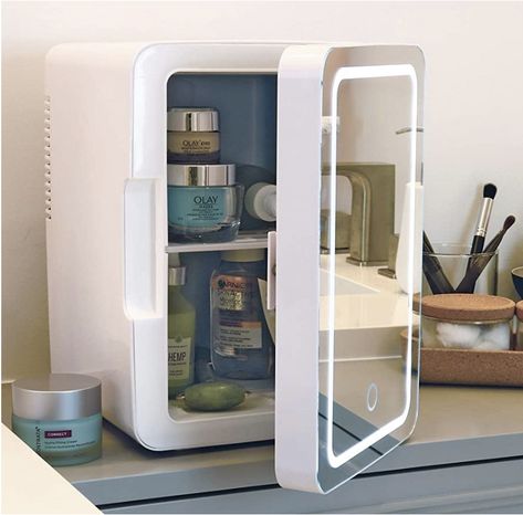 Cosmetic Fridge with LED Lighted Makeup Mirror, 6L AC/DC Compact Refrigerator for Skincare, Beauty Serums, Face Masks, Portable Design with Handle for Home, Travel, Dorm, Office Mini Fridge In Bedroom, Skin Care Fridge, Portable Mini Fridge, Deco Studio, Small Refrigerator, Beauty Mirror, Portable Cooler, Mini Fridges, Led Ring Light