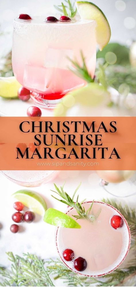 When a margarita meets a tequila sunrise in a cranberry bog, you get the best cranberry margarita to celebrate the season! If you've ever made homemade cranberry sauce, or mixed up a margarita at home, you totally got this. Make just one or a whole pitcher for holiday entertaining. Mocktail instructions included, too. Make the Christmas Sunrise Margarita your signature cocktail this holiday season! Cranberry Pomegranate Margarita, Margarita Christmas, Pomegranate Christmas, Christmas Margarita, Resep Koktail, Christmas Drinks Alcohol Recipes, Christmas Party Drinks, Cranberry Margarita, Christmas Drinks Alcohol