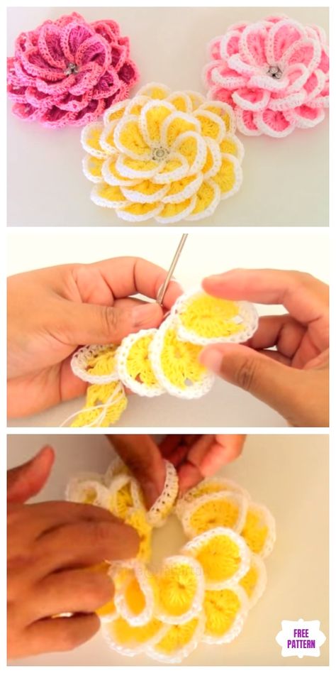 Crochet 3D Flower In Single Strip Free Crochet Pattern - Video Appliques Au Crochet, Crochet Puff Flower, Crochet Rose Pattern, Crochet Flowers Easy, شال كروشيه, Crochet Flowers Free Pattern, Bonnet Crochet, Crochet Plant, Knitted Flowers