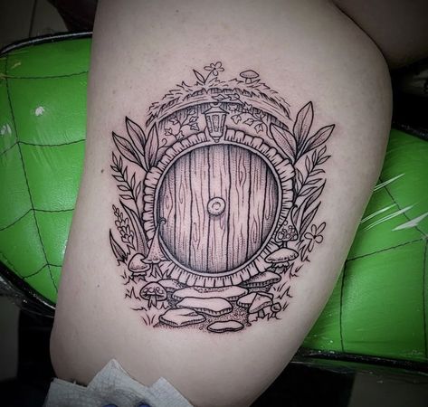 Hobbit Hole Tattoo, Hobbit Door Tattoo, Elder Scrolls Tattoo, Hobbit Tattoo, Door Tattoo, Michelle Joy, Tolkien Tattoo, Fandom Tattoos, Lotr Tattoo