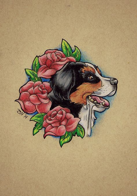 Bernese mountain dog tattoo design Bernese Tattoo Dog Art, Bernese Tattoo, Mountain Dog Tattoo, Bernese Mountain Dog Tattoo, Great Bernese, Mountain Tattoos, Sky Tattoos, Tattoo Traditional, Thigh Tattoos Women