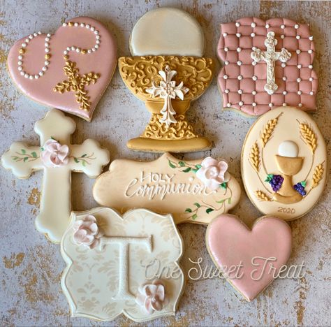 First Communion Cookies Girl, First Holy Communion Cookies, Holy Communion Cookies, First Communion Cookies, Baby Biscuits, Communion Cookies, Comunion Cake, Christening Cookies, First Communion Decorations