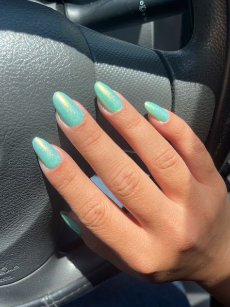 Light Elegance Nail Colors, Teal Nails Sparkle, Aqua Nails Design Ideas Almond, Turquoise Nails Acrylic Almond, Teal Acrylic Nails Almond, Irridescent Nails Green, Summer Bachelorette Nails, Teal Chrome Nails Designs, Aqua Teal Nails