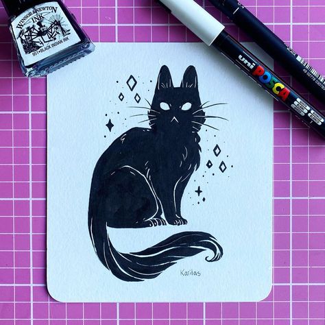 🌙✨Artist | Illustrator ✨🔮 on Instagram: “A magical black cat done today with pentel brush pen and white posca on @artgeckosketch paper ✨ ✨SOLD✨ . . . #posca #poscapens…” Posca Pens Art, Pentel Brush Pen, Markers Drawing Ideas, Posca Pens, Brush Pen Art, Posca Marker, Pen Art Drawings, Posca Art, Notebook Art