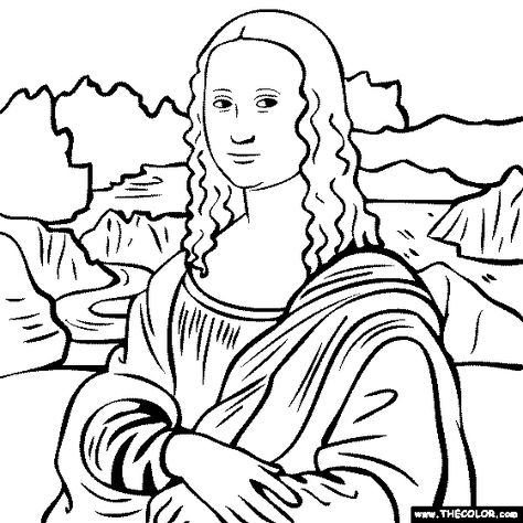 100% free coloring page of Leonardo Da Vinci painting - The Mona Lisa. You be the master painter! Color this famous painting and many more! You can save your colored pictures, print them and send them to family and friends! Lisa Coloring, The Mona Lisa, Coloring Page, Mona Lisa, A Woman, Black And White, Hair, White, Black