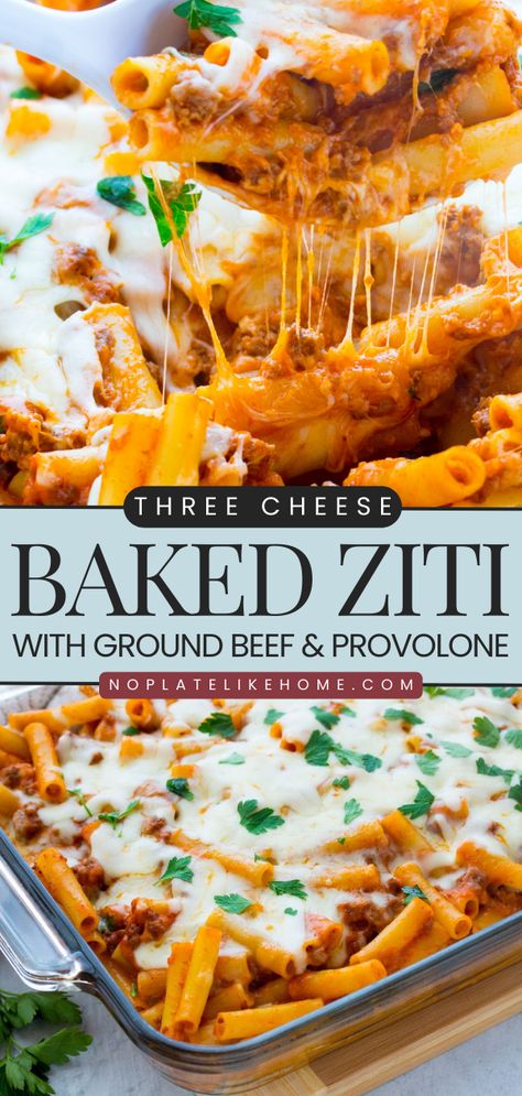 There's so much to love about this Italian recipe! It's a homemade dinner recipe you can store in the freezer. Complete with ground beef and provolone, this cheesy baked ziti will become one of your go-to comfort food! Ground Beef Recipes For Dinner Healthy Oven Baked, Baked Ziti With Provolone Cheese, Baked Ziti With Sour Cream And Provolone, Italian Ground Beef Recipes Pasta, Bake Ziti With Ground Beef, Pasta Bake With Ground Beef, Easy Baked Ziti With Ground Beef, Italian Ground Beef Recipes, Traditional Italian Pasta Recipes