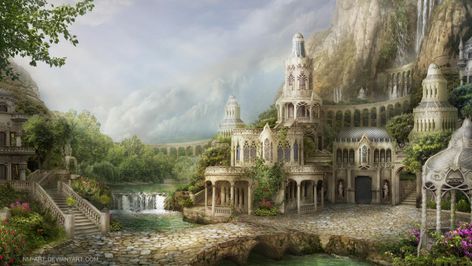 Far Edge by NM-art on DeviantArt Elven City, Fantasy Cities, Fantasy Worlds, Fantasy Castle, Fantasy House, Fantasy City, Fantasy Setting, Fantasy Places, Fantasy Art Landscapes