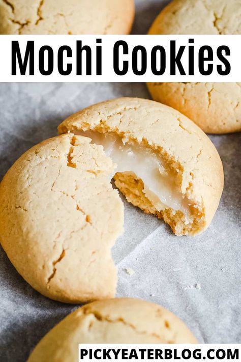 Mochi Flour Recipes Baking, Mochi Cookies Recipe, Rice Cookies Recipes, Asian Cookies Recipes, Mochi Filling Ideas, Mochiko Recipes, Mochi Cookie Recipe, Mochi Filling, Butter Mochi Recipe