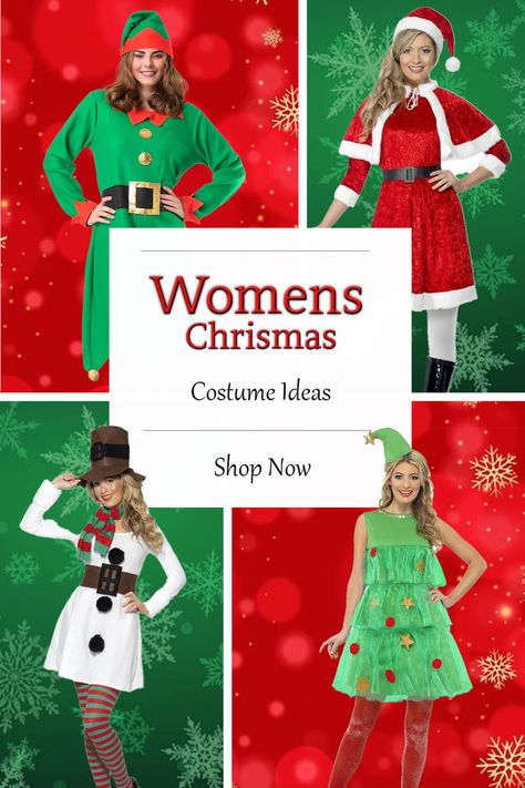 ladies Christmas Costumes including Elf, Santa, Snowman and Christmas Tree Christmas Dress Up Ideas Holiday Parties, Christmas Fancy Dress Ideas Women, Christmas Elf Outfits Women, Santacon Outfits Women, Christmas Fancy Dress Ideas, Christmas Party Costume Ideas, Bar Crawl Outfit, Christmas Costume Ideas, Festive Sweaters