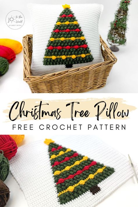 Crochet Christmas Tree Pillow - Free Pattern | Jo to the World Creations Crochet Christmas Tree Cushion, Christmas Crochet Pillow Patterns Free, Crochet Christmas Pillow Pattern, Crochet Christmas Pillows Free Patterns, Christmas Tree Pillow Pattern, Crochet Christmas Tree Pillow, Tree Pillow Pattern, Christmas Crochet Pillow, Crochet Christmas Pillow