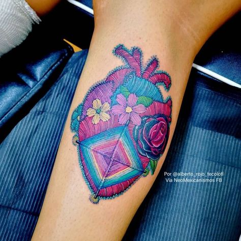 Embroidery Tattoo Ideas, Mexican Inspired Tattoos, Embroidery Tattoos, Tatuaje Studio Ghibli, Cross Stitch Tattoo, Cupcake Tattoos, Mexican Art Tattoos, Embroidery Tattoo, Leo Tattoos