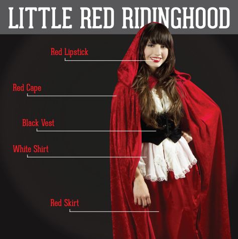 Red Riding Hood Hairstyles, Red Cape Costume Ideas, Diy Red Riding Hood Costume For Women, Diy Little Red Riding Hood Costume Women, Little Red Riding Hood Costume Diy, Black Vest White Shirt, Little Red Riding Hood Makeup, Red Riding Hood Costume Diy, Red Riding Hood Makeup