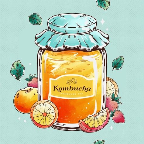 Kombucha Illustration, Kombucha Labels, Drinks Illustration, Kombucha Drink, Kombucha Bottles, Watercolor Tea, Homemade Kombucha, Tea Illustration, Fermented Tea