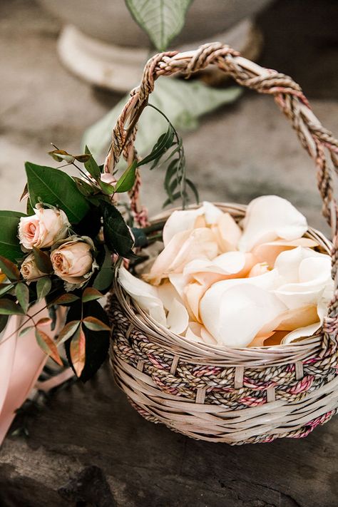 12 Flower Baskets Your Flower Girl Will Love ~ Cool basket to carry flower petals with roses and greens off to one side: Cedarwood Weddings; Nyk & Cali Flower Petal Basket, Flowergirl Basket Ideas Diy, Flower Basket Bouquet, Flower Girl Wreaths, Flower Girl Petals, Boho Flower Girl, Wedding Aesthetics, Wedding Flower Girl Basket, Backyard Weddings