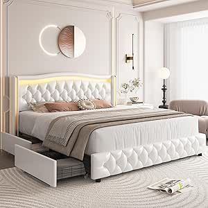 https://amzn.to/4gPWDr5 Led Beds, Led Bed Frame, Bed Platform, Button Tufted Headboard, White Headboard, King Size Bed Frame, Wingback Headboard, Luxurious Bed, Queen Size Bed Frames