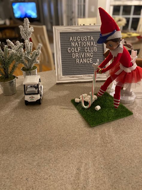 Golfing Elf On The Shelf, Elf On Shelf Golf, Elf On The Shelf Golf Ideas, Golf Elf On The Shelf, Elf On The Shelf Golf, Elf Golfing, Cute Elf On The Shelf Outfit Ideas, Elf Golf, Elf Selfie