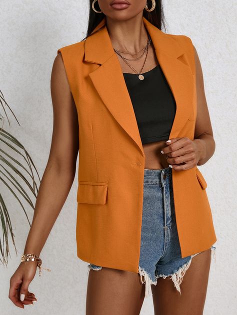 Naranja Elegante Collar sin mangas Tela Liso Chaleco Embellished No-Elástico  Ropa de Mujer Orange Vest Outfits For Women, Vest Outfits For Women, Plain Vest, Button Vest, Women Blazers, Orange Outfit, Vest Blazer, Blazer Vest, Vest Outfits