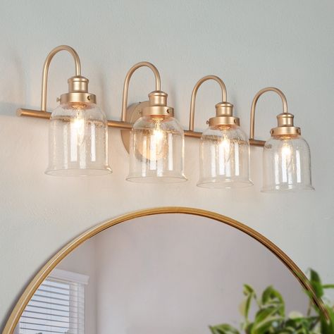 Bathroom Vanity Chandelier, Bathroom Light Wood Vanity, Champagne Light Fixture, Champagne Bronze Light Fixtures, Rose Gold Vanity, Brass Bathroom Light Fixtures, Gold Bathroom Vanity Light, Farmhouse Bathroom Lighting, Gold Bathroom Vanity