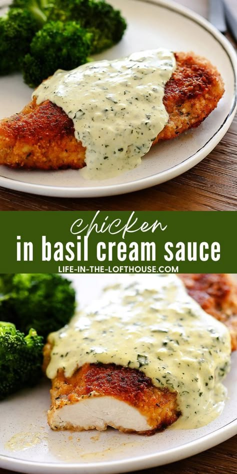 Chicken in Basil Cream Sauce is an elegant meal perfect for a special night in. Creamy Parmesan Basil Chicken, Creamy Lemon Basil Chicken, Chicken In Basil Cream Sauce, Formal Dinner Recipes, Creamy Basil Sauce, Basil Dinner Recipes, Creamy Dill Chicken, Basil Cream Sauce, Chicken Basil