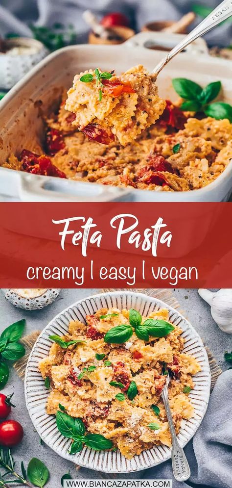 Baked Vegan Feta Pasta is a popular trend recipe that is quick and easy to make in the oven and delicious - simple pasta dish with tomatoes! #pasta #feta #casserole #tomato #easyrecipes #veganrecipes #vegetarian #recipes #food #vegan #healthyrecipes | biancazapatka.com Vegan Feta Recipe, Vegetarian Feta Recipes, Vegan Feta Pasta, Tomato And Feta Pasta, Feta Casserole, Mushroom Pasta Bake, Tomato Pasta Bake, Spinach Mushroom Pasta, Pasta Toppings