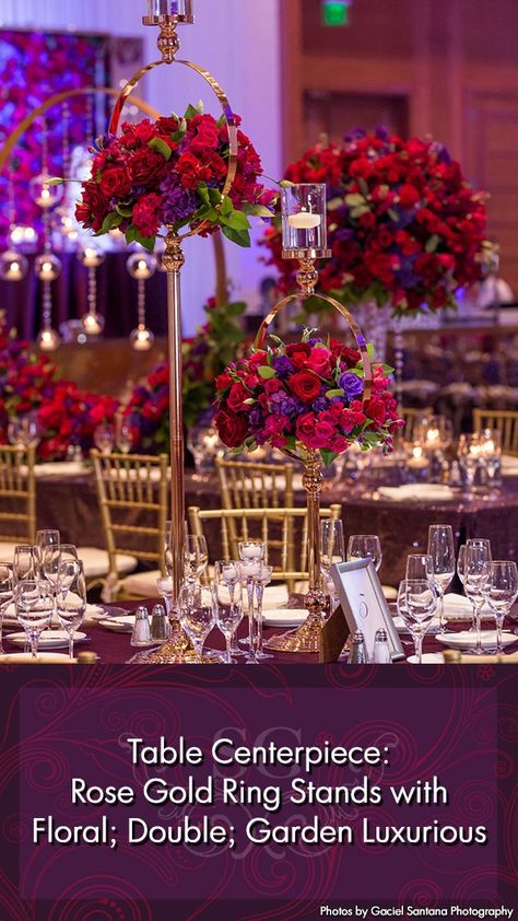 Magenta And Gold Wedding Theme, Red And Purple Floral Centerpieces, Purple And Red Wedding Theme, Purple Reception Decor, Red Tablescape, Royal Purple Wedding, Pineapple Cupcake, Gold Cocktail Table, Purple Party Decorations