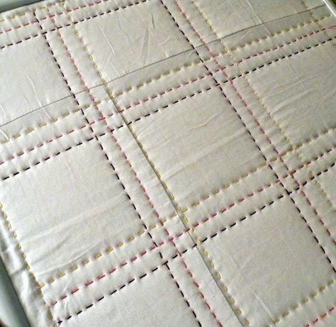 colored thread.  So many possibilities.  White with thread as the only color on the quilt.  Neons? Windowpane Quilt, Sashiko Machine, Sashiko Quilt, Sashiko Quilting, Hand Quilting Designs, Colchas Quilting, Quilting Stitches, Hand Quilting Patterns, Quilt Big