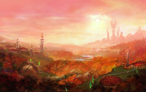 Quel'thalas by anndr Volcanic Fantasy City, Volcano City Fantasy Art, Fire Temple Fantasy Art, Burning Town Fantasy Art, Cave Temple Fantasy Art, Elf City, Arcane Aesthetic, Elven City, Blood Elf