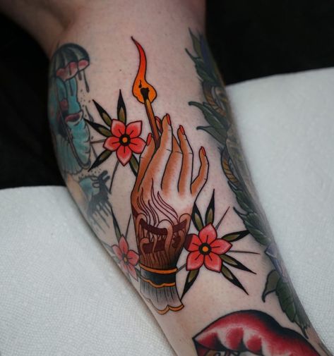 Tattoo Of A Hand Traditional, Traditional Tattoo Of A Hand, Neo Traditional Hand Drawing, Burning Bridges Tattoo, Mr Burns Tattoo, Neotrad Hand Tattoo, Hand Holding Lantern Tattoo, Burning Woman Tattoo, Hand Holding Match Tattoo