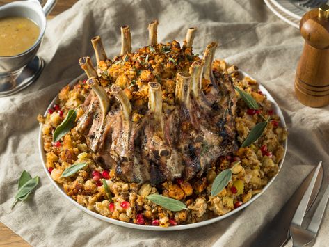 Looking to upgrade your stuffing game? Try this Crown Roast of Pork with Cranberry Stuffing! An elegant dish to wow the whole family. Click for the recipe! . . . Cherchez-vous la super farce ? Essayez donc ce Rôti de porc avec une farce à la canneberge ! Un plat de résistance élégant pour surprendre toute la famille. Cliquez pour obtenir la recette! Pork Crown Roast, Crown Roast Of Pork, Cranberry Stuffing, Holiday Roast, Crown Roast, Pan Fried Fish, Holiday Roasts, Best Meatballs, Baked Chicken Tenders