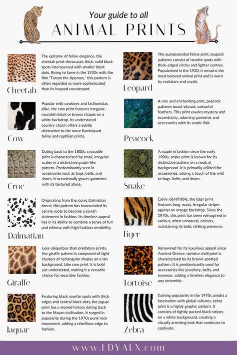 Which animal print is your favourite? If leopard print isn't for you, don't disregard animal print completely, there are so many to choose from that can help you add more personality to your wardrobe Different Animal Prints, Animal Print Mood Board, Leopard Print Color Combos, Pattern Vocabulary, Animal Print Illustration, Diy Leopard Print, Animal Print Aesthetic, Animal Coverings, Pedicure Designs Toenails