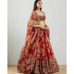 Beautiful organza Georgette designer lehenga choli Red Floral Lehenga, Astha Narang, Print With Embroidery, Simple Lehenga, Trendy Outfits Indian, Floral Lehenga, Lehenga Designs Simple, Simple Gowns, Traditional Indian Dress