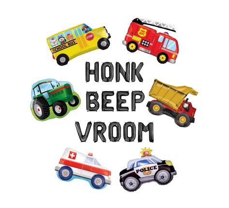 "Letter Balloons are roughly 13.5 inches tall when inflated This listing is for the balloon letters spelling the phrase HONK BEEP VROOM The ambulance, school bus, dump truck, police car, tractor, and fire truck balloons are add-on items The \"everything pictured\" option includes the phrase and an ambulance, school bus, dump truck, police car, tractor, and fire truck balloon Balloons come flat and deflated You can inflate them yourself with air and a straw These balloons are meant to be hung or Vehicles 2nd Birthday Party, Transport Birthday Theme, Transportation 2nd Birthday Party, Trans Party, Transportation Birthday Theme, Truck Party Decorations, Transportation Birthday Party, Balloon Letters, Transportation Birthday