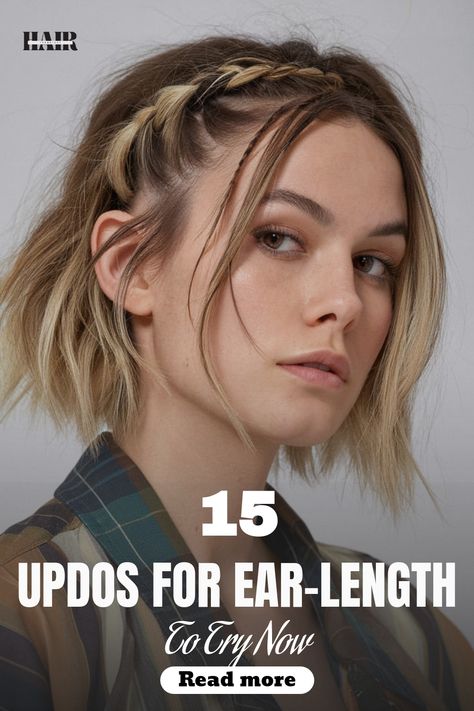 Braided accent with loose short hair Braiding Short Curly Hair, Bob Hairstyles Updo How To Style, Boho Braids For Short Hair, Short Hairstyle Braid Women, Ren Fest Hairstyles Short Hair, French Plait Short Hair, Short Hair Updo Braid, Short Hair Front Braid, Braids For Really Short Hair