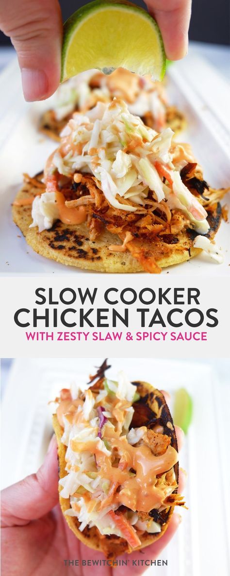 Slow cooker chicken tacos. These easy homemade tacos are made in the crockpot and topped with a zesty coleslaw and spicy mayo. Serve with homemade corn tortillas! Chicken Tacos With Slaw, Tacos With Slaw, Tortilla Recipes, Slow Cooker Chicken Tacos, Homemade Corn Tortillas, Taco Time, Spicy Mayo, Stem Challenge, Homemade Tacos