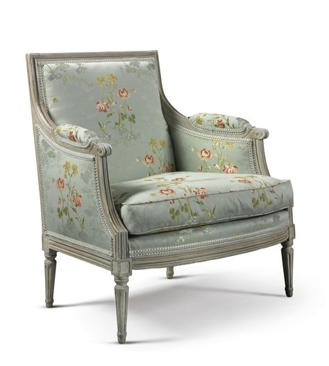 A Louis XVI carved and white-painted marquise chair upholstered in blue silk with woven floral pattern, c. 1775. Louis Xvi Chair, Louis Xvi Furniture, Small Accent Chairs, French Style Furniture, Custom Drapes, French Chairs, French Country Cottage, Beautiful Chair, French Country House