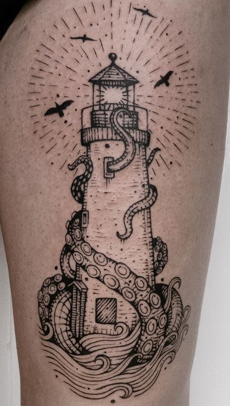 Lighthouse Line Tattoo, Nautical Leg Sleeve, Ofmd Tattoo, Lighthouse Tattoo Design, Feminine Owl Tattoo, Lighthouse Tattoo Meaning, Traditional Lighthouse Tattoo, Tattoo Octopus, Kraken Tattoo