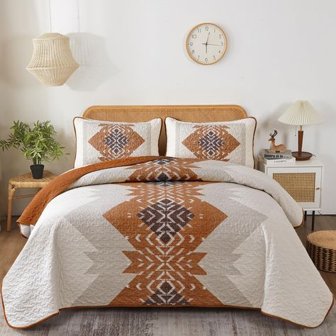 PRICES MAY VARY. 【PACKAGE & SIZE】：This terracotta boho quilt set include 3 Pieces. Available in quilt queen: 1 quilt (90"x 96") and 2 pillowcases (20"x 26"). NOTE: No Pillow Insert Includes. 【UNIQUE BOHEMIAN GEOMETRIC DESIGN】:This boho quilt set is simple and fashionable Bohemian style, the olive green reversible texture aztec pattern can match your room decoration very well. And this quilt uses high-definition printing technology, gorgeous and personalized design that clear and not easy to fade Southwest Bedroom, Queen Size Bedspread, Boho Queen, Western Bedding, Bohemian Quilt, Western Bedroom, Boho Quilt, Lightweight Bedding, Coverlet Set