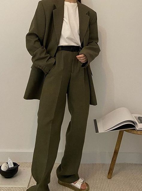 Monochrome Formal Outfit, Prom Outfit Inspo Men, Elegant Masculine Outfit, Lose Suits Men, Masculine Dressy Outfits, Green Pants Outfit Formal, Earth Tone Formal Outfit Men, Baggy Prom Suit, Green Clothes Aesthetic Men