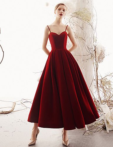 A-Line Spaghetti Strap Tea Length Velvet Open Back / Vintage Inspired Cocktail Party Dress with by LAN TING Express Dinner Dress Formal, Ankle Length Prom Dress, Dress Party Wear, Robes D'occasion, Cocktail Sauce, Dresses Beautiful, Long Red Dress, Party Kleidung, Beautiful Prom Dresses