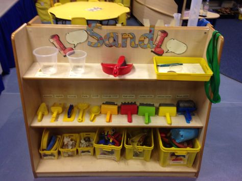 Sand area Sand Provision Eyfs, Eyfs Sand Area, Sand Area Eyfs, Eyfs Displays, Eyfs Provision, Montessori Stations, Tuff Tray Ideas Toddlers, Playgroup Ideas, Curiosity Approach