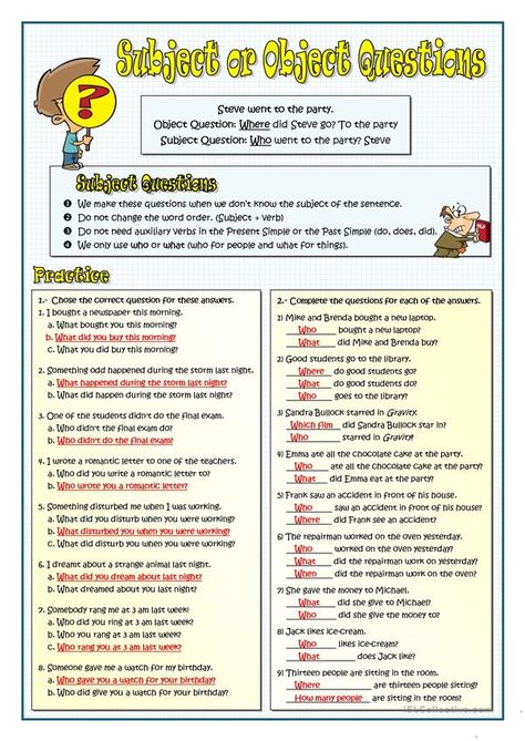 SUBJECT OR OBJECT QUESTIONS - English ESL Worksheets for distance learning and physical classrooms Formal Letter, Grammar Questions, Subject Object, Vocabulary Exercises, Word Order, Free Kindergarten Worksheets, Verb Worksheets, The Verb, Grammar Practice