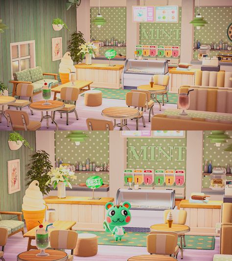 Animal Crossing Happy Home Paradise Restaurant Ideas, Animal Crossing Ice Cream Shop, Acnh Ice Cream Shop, Animale Crossing, Acnh Hhp, Happy Home Paradise, Cozy Games, Animals Crossing, Happy Home Designer