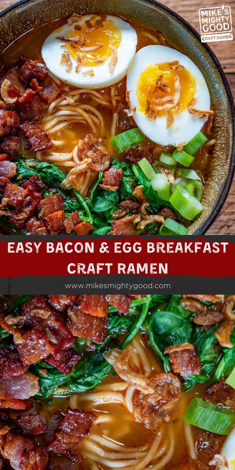 Bacon And Egg Ramen, Ramen Breakfast Bowl, Ramen Breakfast Recipes, Breakfast Ramen Noodles, Ham Ramen, Asian Breakfast Ideas, Breakfast Ramen Recipe, Yakamein Recipe, Ramen Dinner Recipes