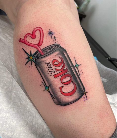 Retro Inspired Tattoo, Diet Coke Can Tattoo, Diet Coke Tattoo Simple, Soda Can Tattoo, Bubblegum Traditional Tattoo, Coke Can Tattoo, Pastel Traditional Tattoo, Diet Coke Tattoo, Traditional Girly Tattoo