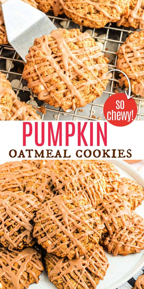 Soft and chewy Pumpkin Oatmeal Cookies with white chocolate morsels and maple glaze need a place in your cookie jar this fall! Cookies With White Chocolate Chips, Pumpkin Cookies Easy, Cookies With White Chocolate, Pumpkin Oatmeal Cookies, Pumpkin Delight, Shugary Sweets, Cookie Recipes Homemade, Pumpkin Recipes Dessert, Pumpkin Oatmeal