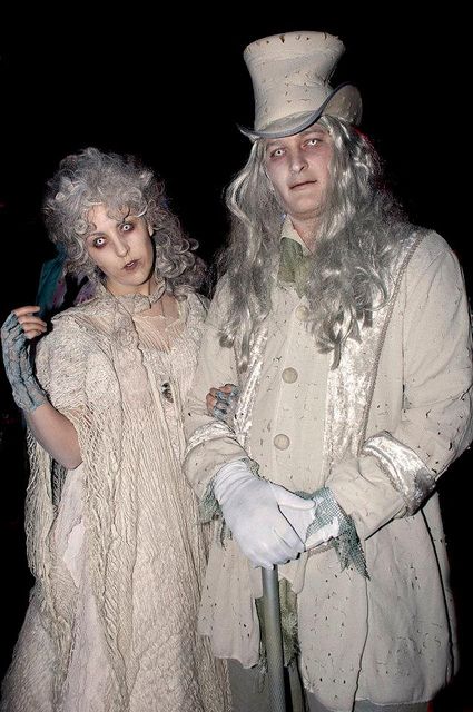 Victorian Ghost Costumes - a great example of how details make the costume. Make-up, contact lenses, wigs, cane, gloves - completely tricked out for a fully haunting look! Victorian Ghost, Addams Family Costumes, Ghost Halloween Costume, Ghost Diy, Ghost Costume, Halloween Contacts, Couples Halloween, 31 Days Of Halloween, Halloween Costumes Makeup