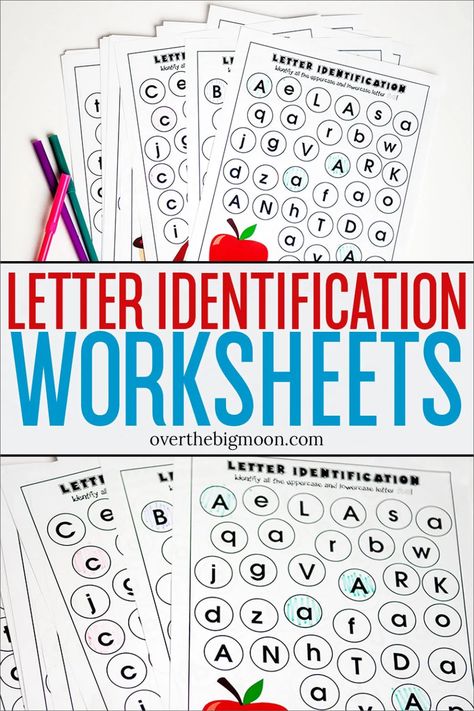 These Alphabet Letter Identification Printables are such a fun way for preschoolers to learn their letters! Just download, print and start the learning fun! From overthebigmoon.com! Letter Identification Worksheets, Letter Identification Games, Letter Recognition Kindergarten, Letter Matching Worksheet, Letter Recognition Preschool, Number Recognition Worksheets, Letter Recognition Games, Letter Recognition Worksheets, Letter Recognition Activities