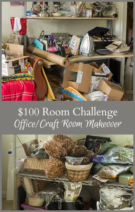 $100 challenge to makeover the room of your choice. See how this home office/craft room goes from chaotic to organized in one month on a tight budget. #organize #makeover #homeoffice  #craftroom Mom Cave Craft Room, Budget Office Makeover, Small Craft Area Ideas, Craftroom Organizing Ideas On A Budget, Craft Room Office Combo Work Spaces, Whimsical Craft Room, Craft Room And Office Combo, Craft Office Organization, Moody Craft Room