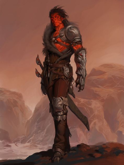 Fallen Aasimar, Aasimar Paladin, Mroczny Elf, Red Warrior, Chaos Lord, Heroic Fantasy, Red Devil, Male Character, Fantasy Races